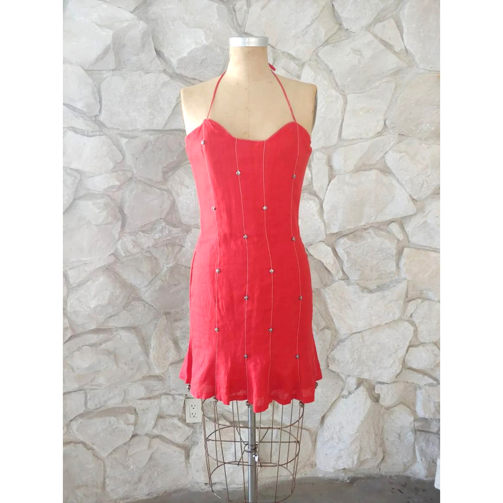1990s Vintage Gemma Kahng Red Linen Mini Dress | Small
